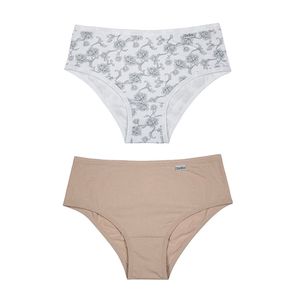Kit 02 Calcinhas Larga em Cotton Branco Estampado/areia