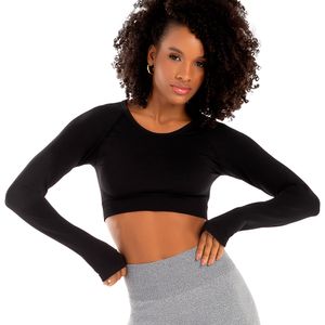 Cropped Fitness Sem Costura E Manga-Luva Preto